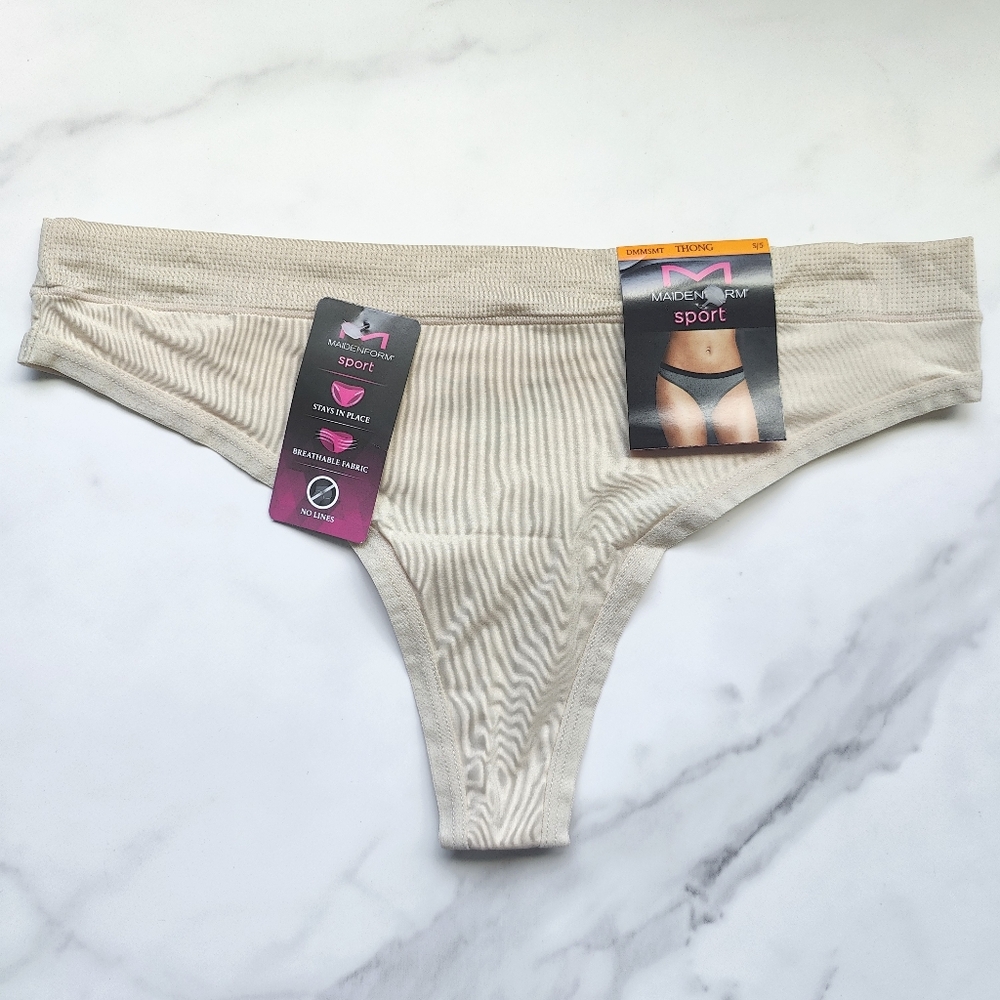 NWT MAIDENFORM SPORT THONG PANTY IN LATTE LIFT HEATHER (NUDE 5) SIZE SMALL/5